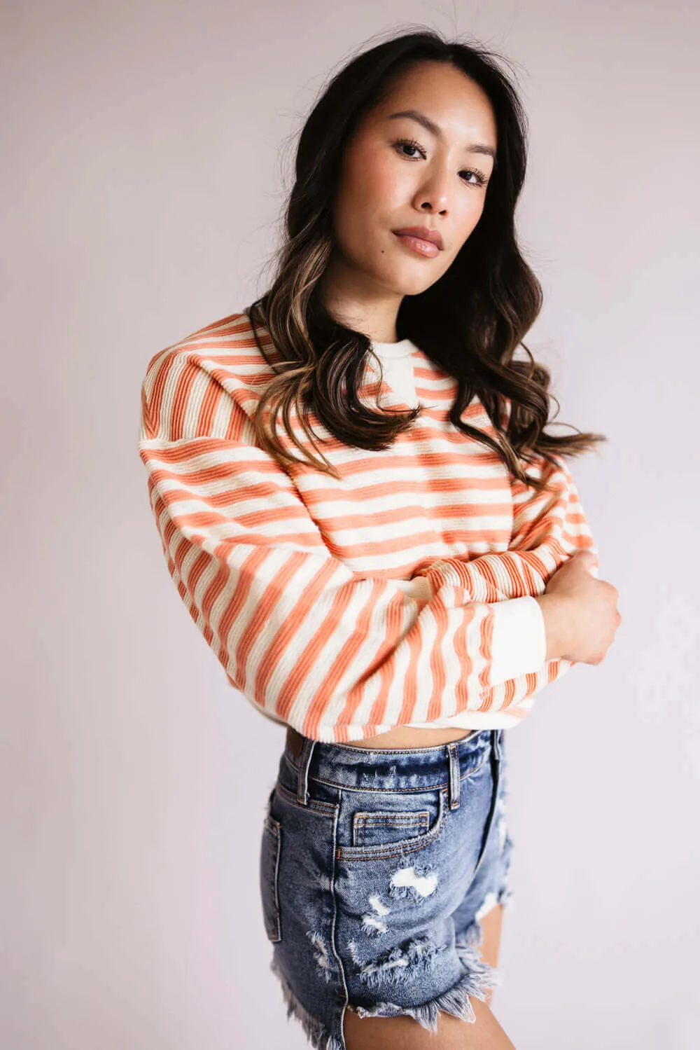 Blu Pepper Contrast Ribbed Stripe Knit Top for Women in Peach | B4FT1040-PEACH sold by Glik’s