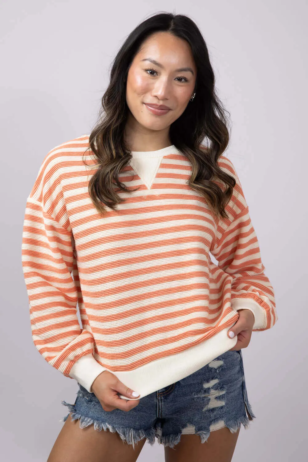 Blu Pepper Contrast Ribbed Stripe Knit Top for Women in Peach | B4FT1040-PEACH sold by Glik’s product image thumbnail 4