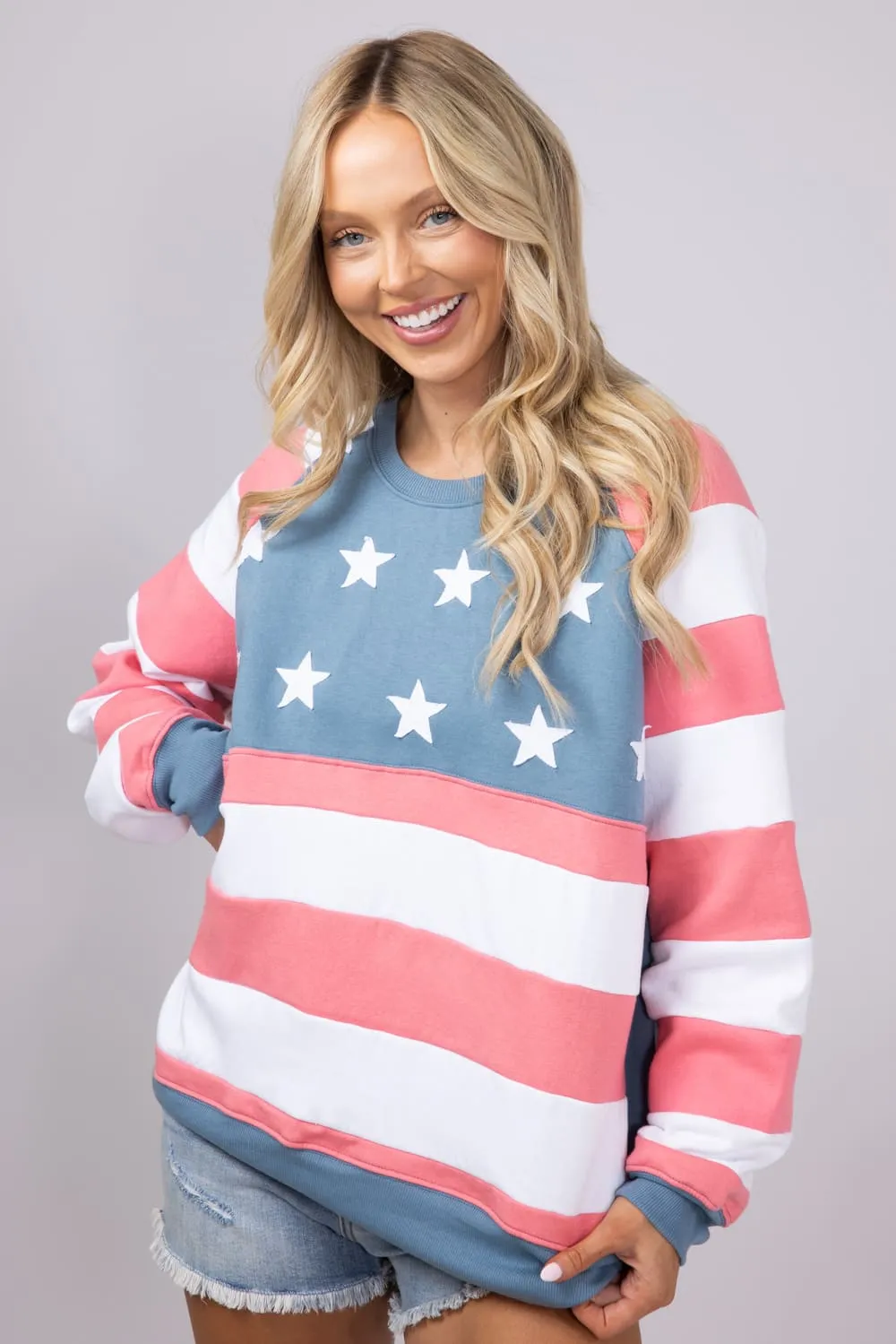 Simply Southern Patched Stars & Stripes Sweatshirt for Women in Multi | PP-0125-CRW-PATCH-USA sold by Glik’s product image thumbnail 4
