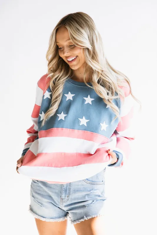 Simply Southern Patched Stars & Stripes Sweatshirt for Women in Multi | PP-0125-CRW-PATCH-USA sold by Glik’s