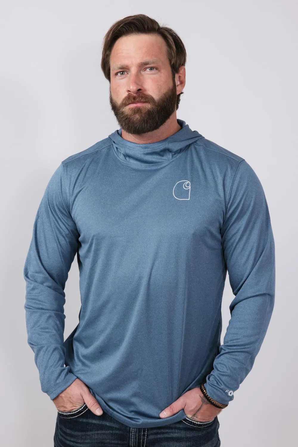 Carhartt Force Sun Lightweight Logo Long Sleeve Hooded Graphic T-Shirt for Men in Blue | 106165-HK9-STORMBLU sold by Glik’s
