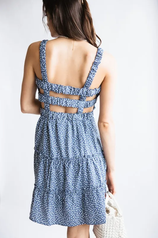 Open Back Elastic Band Mini Dress for Women in Blue Floral | ND30140-BLUEFLORAL sold by Glik’s