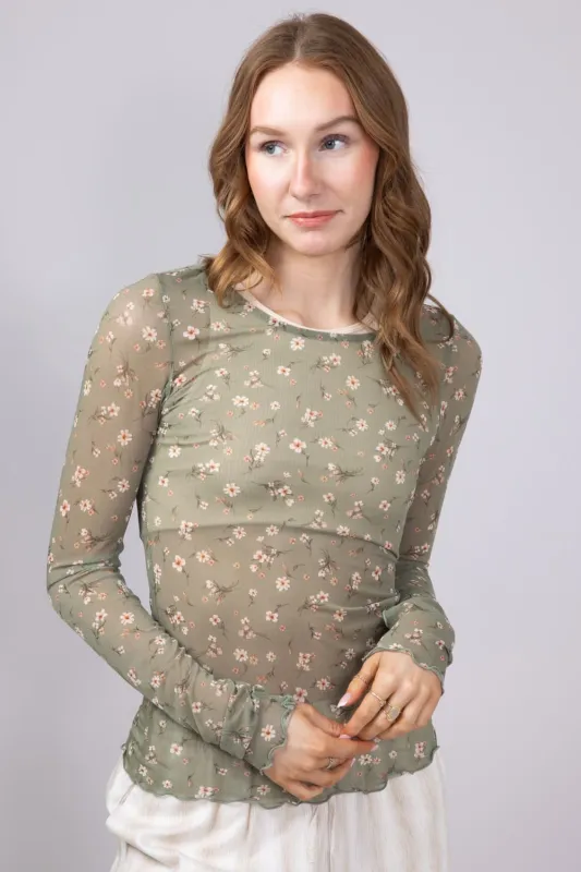 Ditsy Floral Sheer Layering Top for Women in Olive | 36107-OLIVE sold by Glik’s