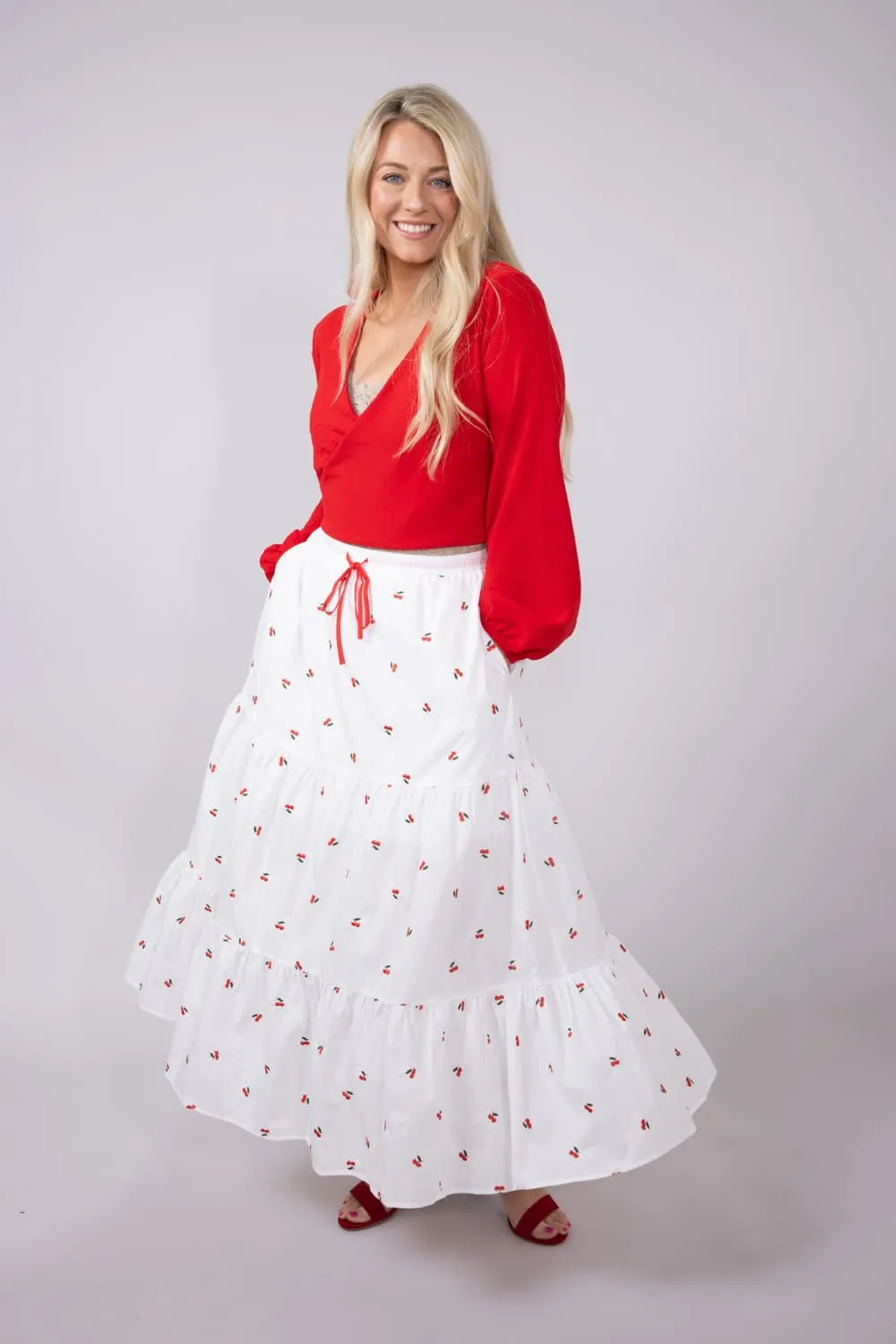 Cherry Embroidered Tiered Midi Skirt for Women in White | S24819-CHERRY sold by Glik’s product image thumbnail 2