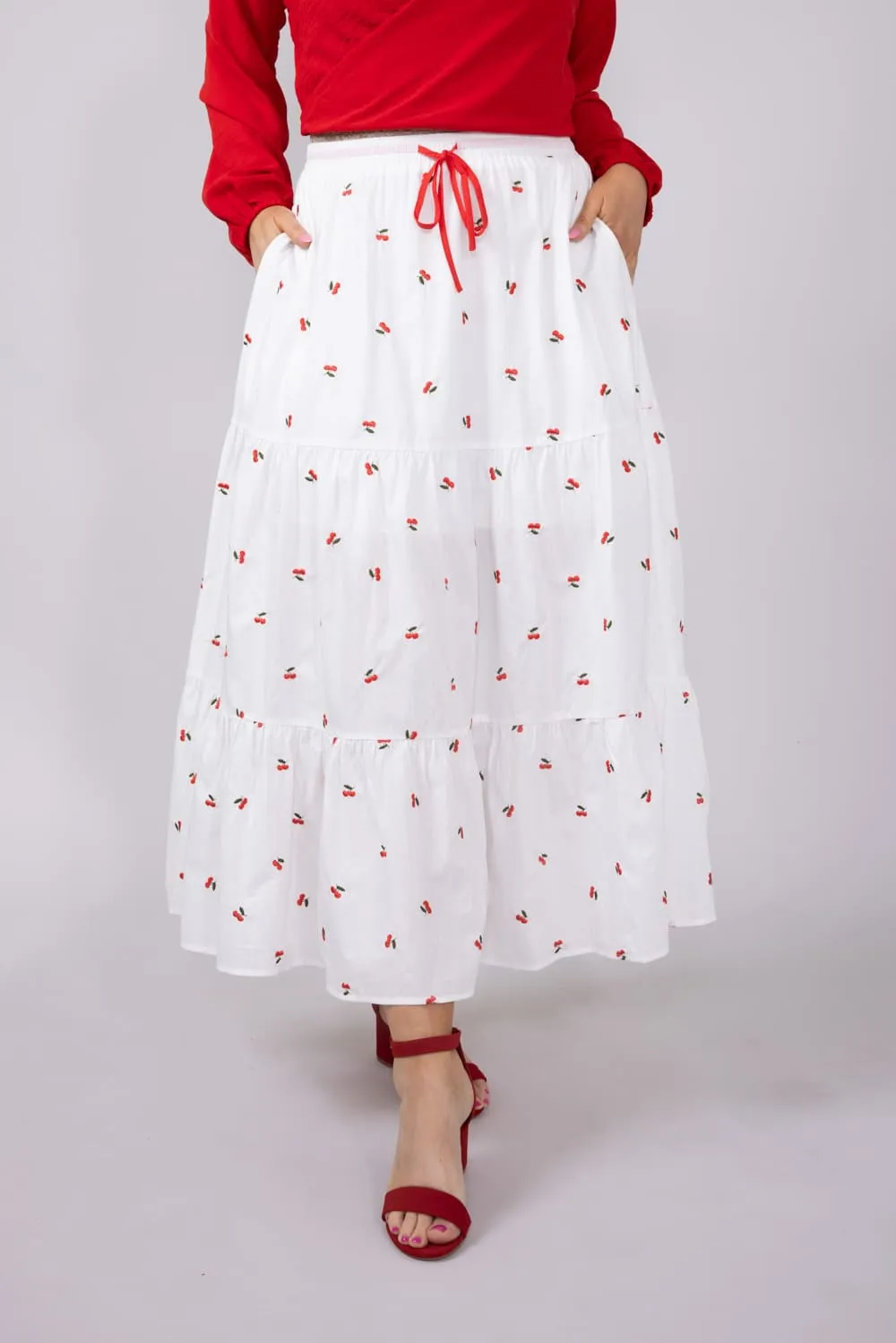 Cherry Embroidered Tiered Midi Skirt for Women in White | S24819-CHERRY sold by Glik’s