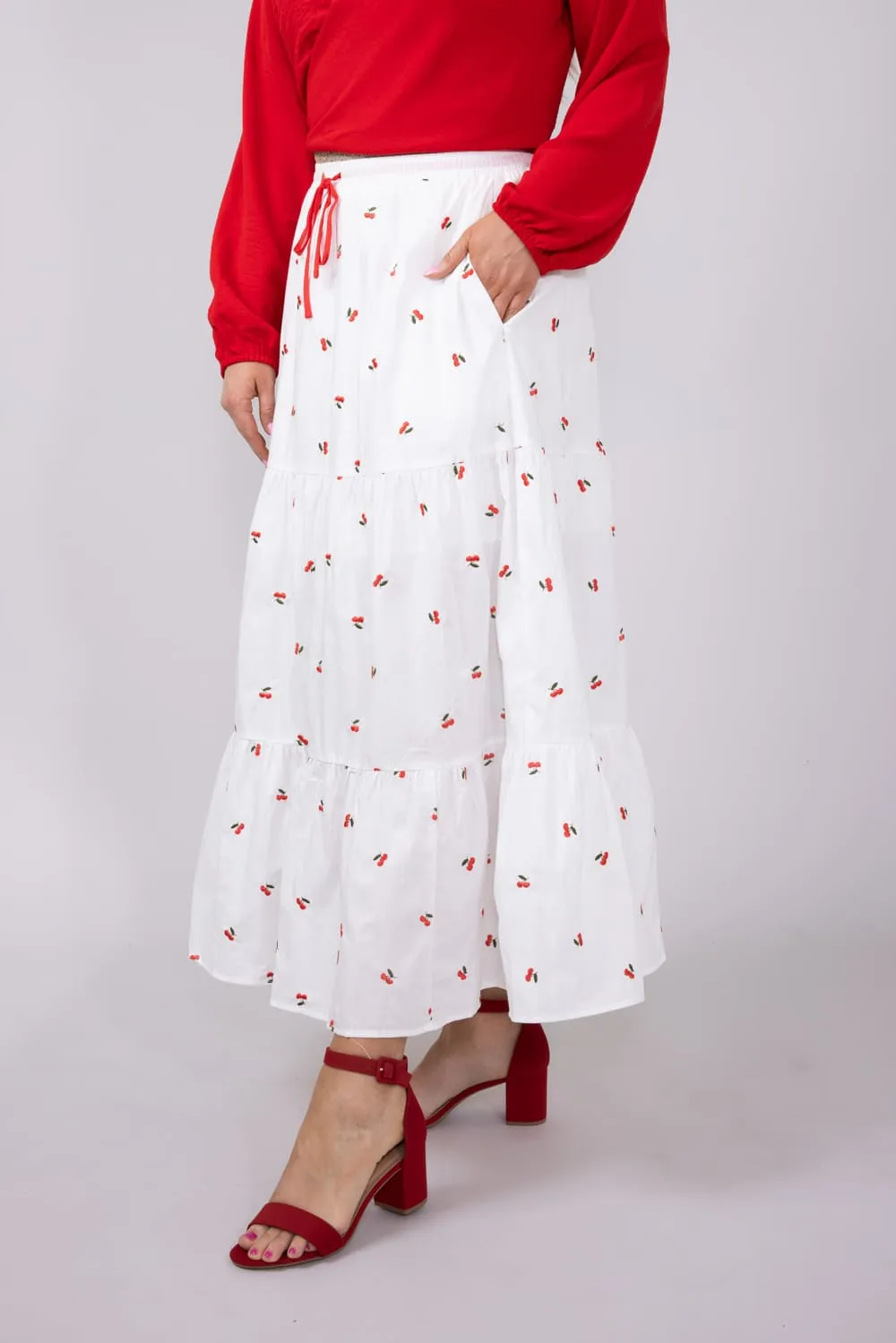 Cherry Embroidered Tiered Midi Skirt for Women in White | S24819-CHERRY sold by Glik’s product image thumbnail 4