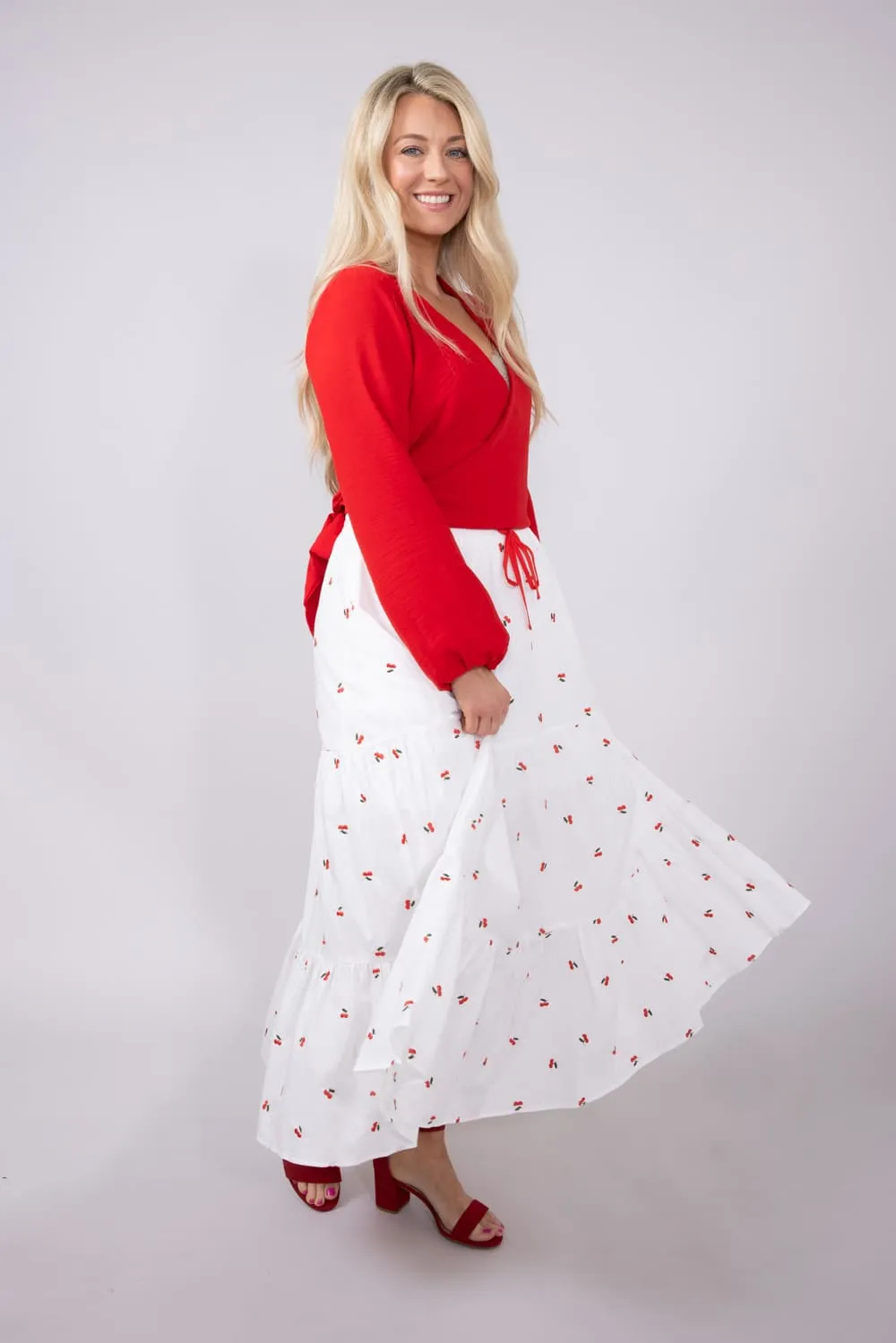 Cherry Embroidered Tiered Midi Skirt for Women in White | S24819-CHERRY sold by Glik’s product image thumbnail 5