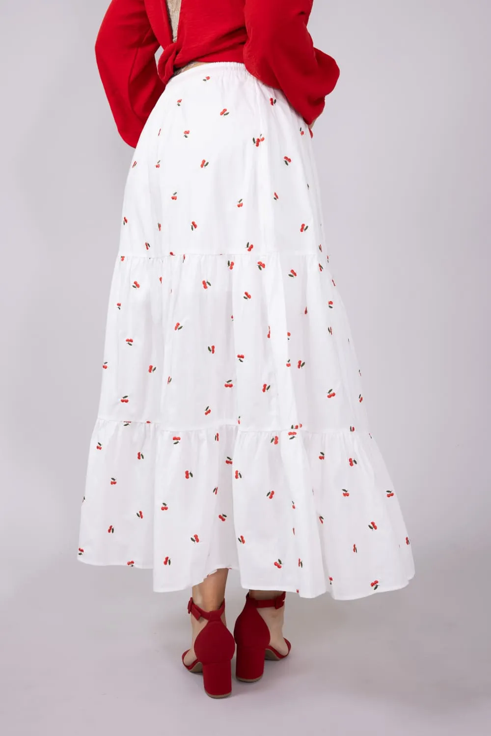 Cherry Embroidered Tiered Midi Skirt for Women in White | S24819-CHERRY sold by Glik’s product image thumbnail 3