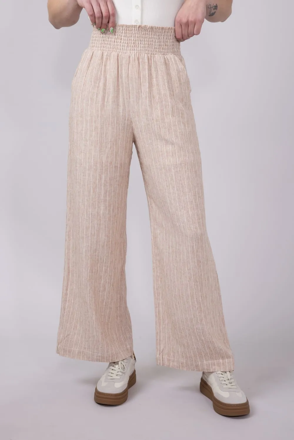 Smocked Waist Linen Pants for Women in Almond | 42704-ALMOND sold by Glik’s product image thumbnail 2