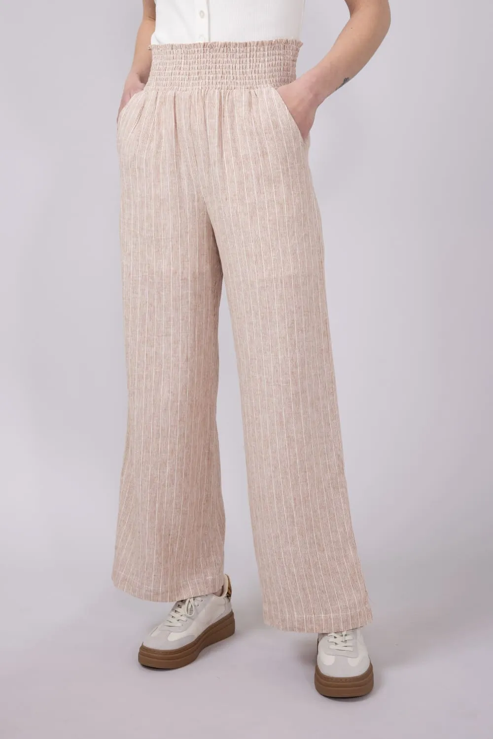 Smocked Waist Linen Pants for Women in Almond | 42704-ALMOND sold by Glik’s