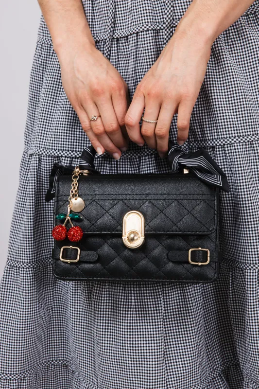 Pebbled Tie Handbag Cherry Charm Purse for Women in Black | 1735-BLACK sold by Glik’s