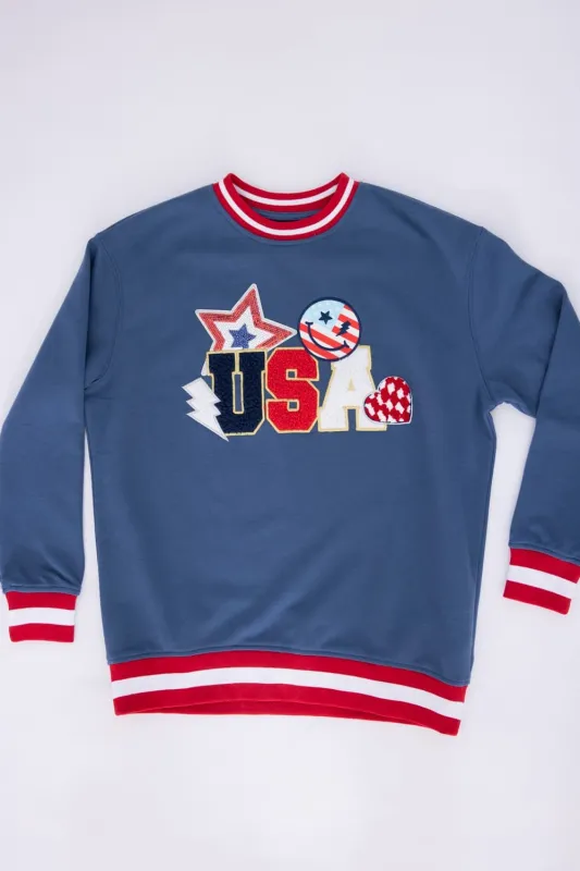 Simply Southern Youth USA Patch Varsity Crew Sweatshirt for Girls in Navy | 0125-YTH-CRW-VRSTY2-NVYUSA sold by Glik’s