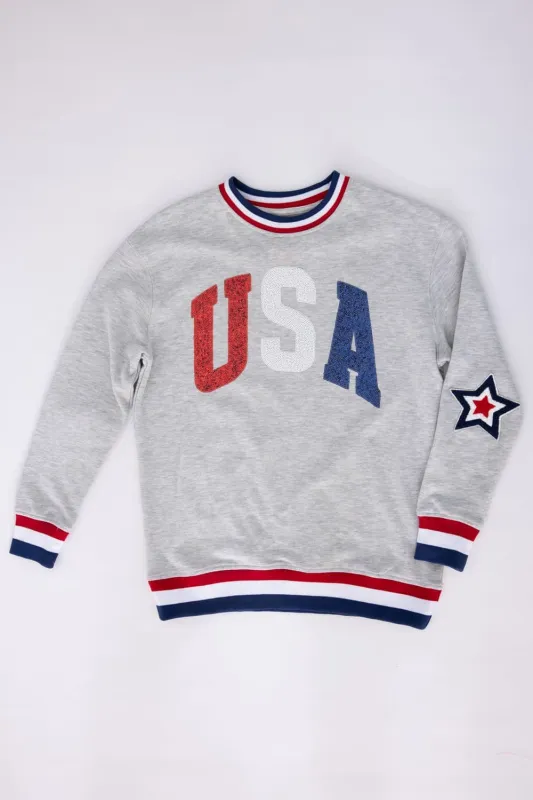 Simply Southern Youth Sequined USA Varsity Crew Sweatshirt for Girls in Grey | 0125-YTH-CRW-VRSTY2-GRYUSA sold by Glik’s