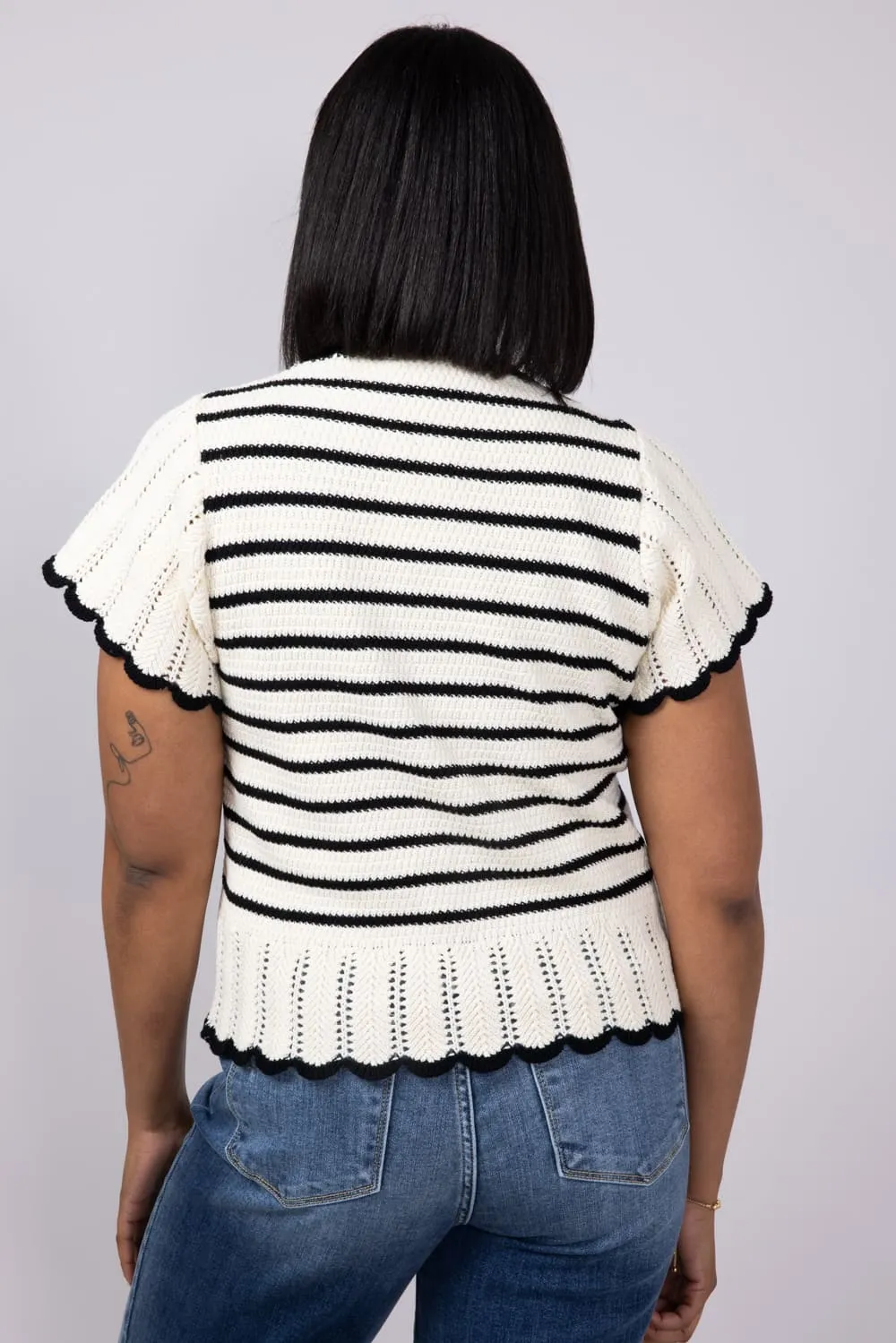 Crochet Striped Flutter Sleeve Sweater for Women in Natural/Black | MAS3129-NATURALBLACK sold by Glik’s product image thumbnail 2