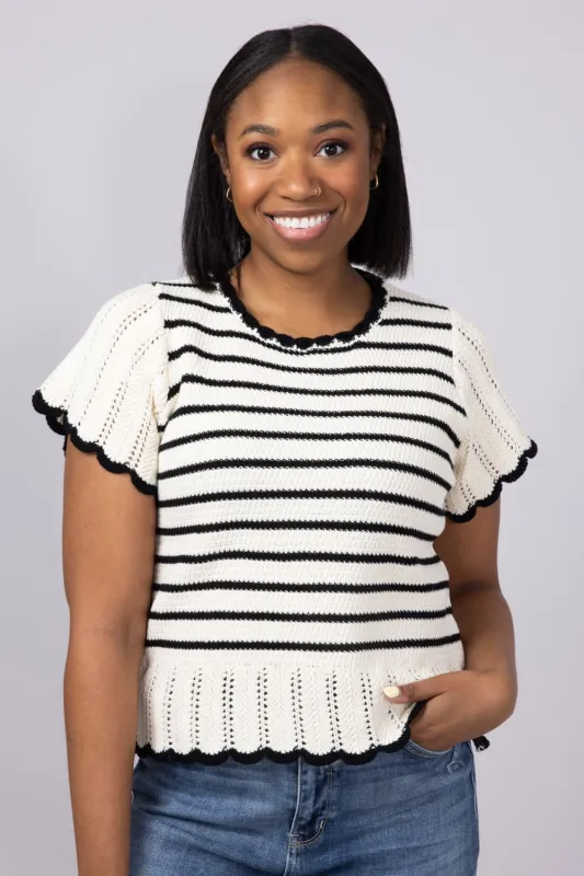 Crochet Striped Flutter Sleeve Sweater for Women in Natural/Black | MAS3129-NATURALBLACK sold by Glik’s