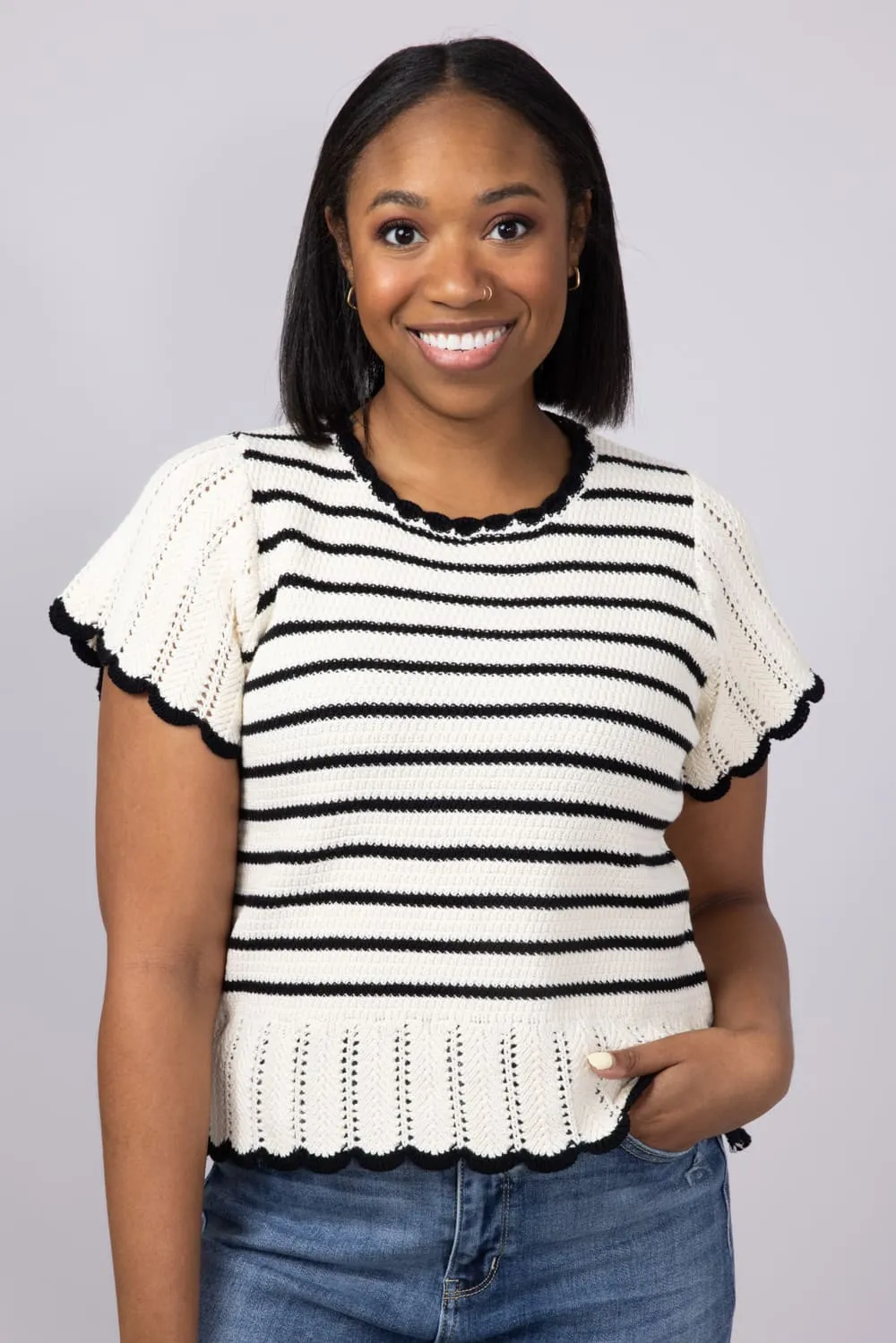 Crochet Striped Flutter Sleeve Sweater for Women in Natural/Black | MAS3129-NATURALBLACK sold by Glik’s