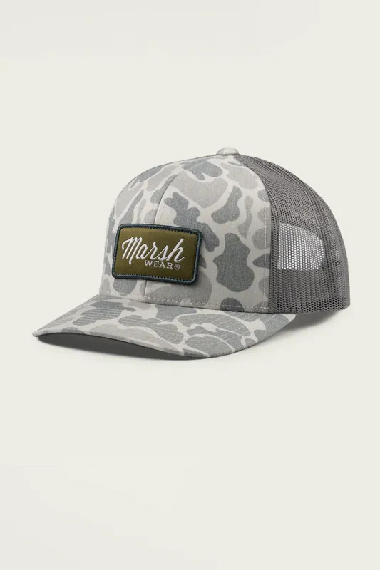 Marsh Wear Camo Script Trucker Hat for Men in Grey | MWC1054-STN-STONE sold by Glik’s