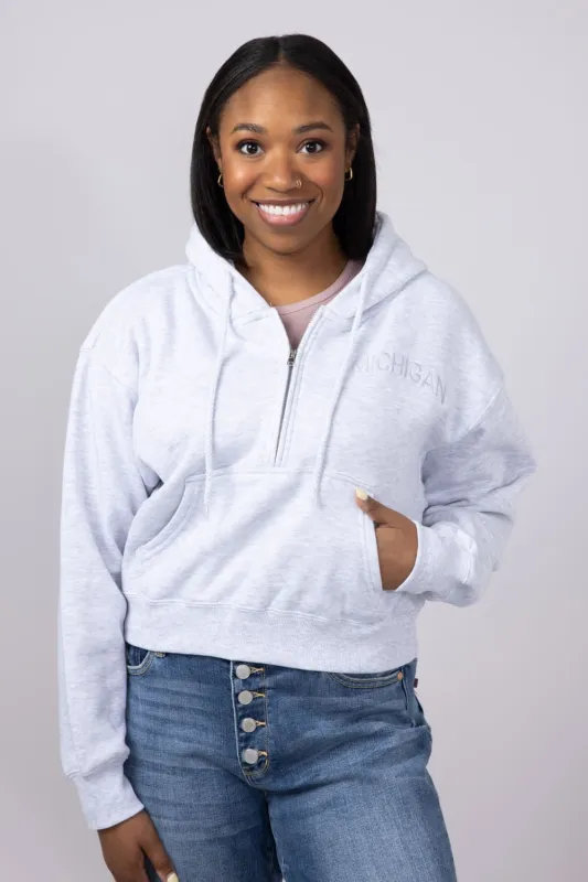 1897 Active Michigan Embroidered Half Zip Hoodie for Women in Grey | GK084-MI-ICEGREY sold by Glik’s