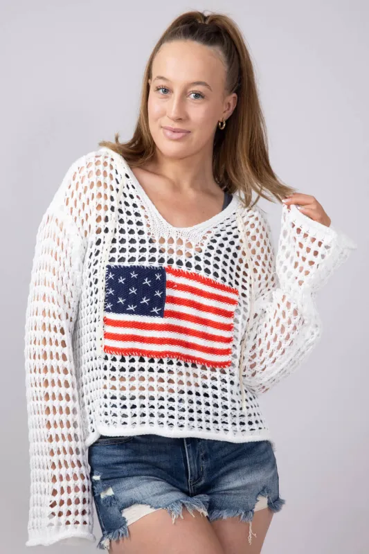 Crochet American Flag Hooded Sweater for Women in Ivory | UST319-IVORY sold by Glik’s