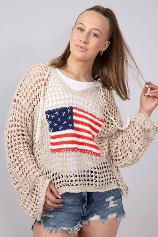 Crochet American Flag Hooded Sweater for Women in Beige | UST319-BEIGE sold by Glik’s