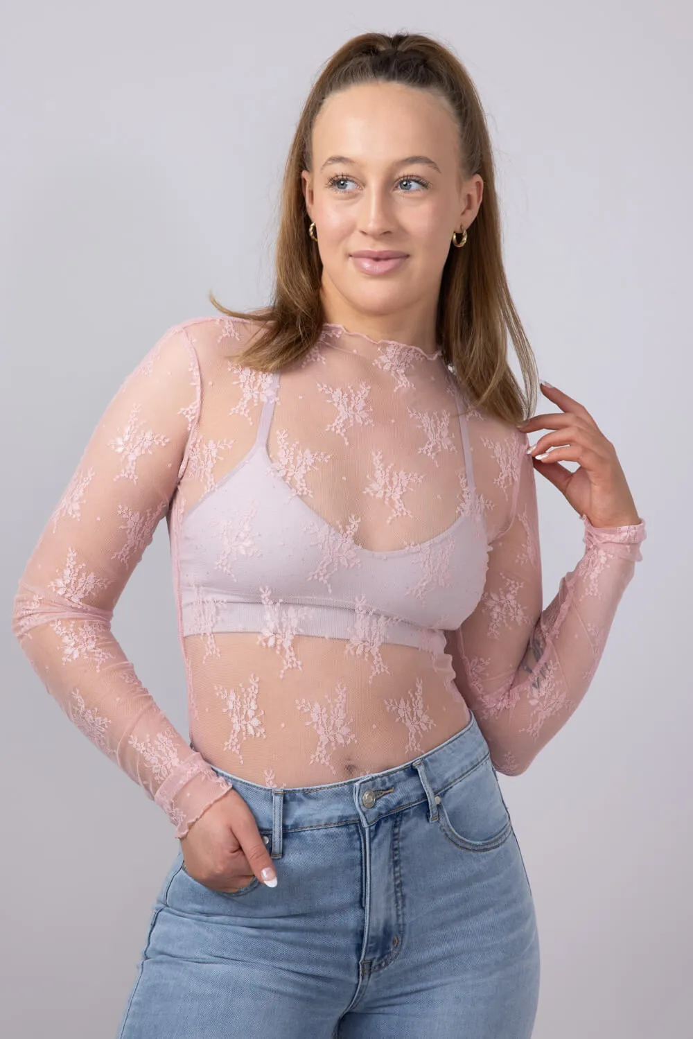 Lace Sheer Layering Top for Women in Blush | LT1354-BLUSH sold by Glik’s