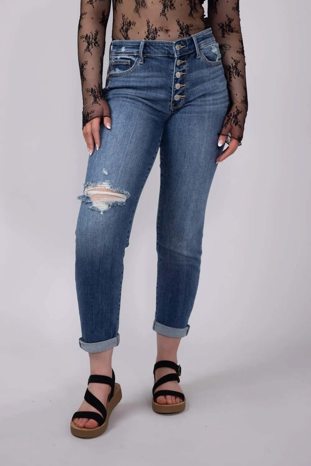 Judy Blue Mid Rise Distress Button Fly Boyfriend Jeans for Women | 82664REG sold by Glik’s product image thumbnail 5