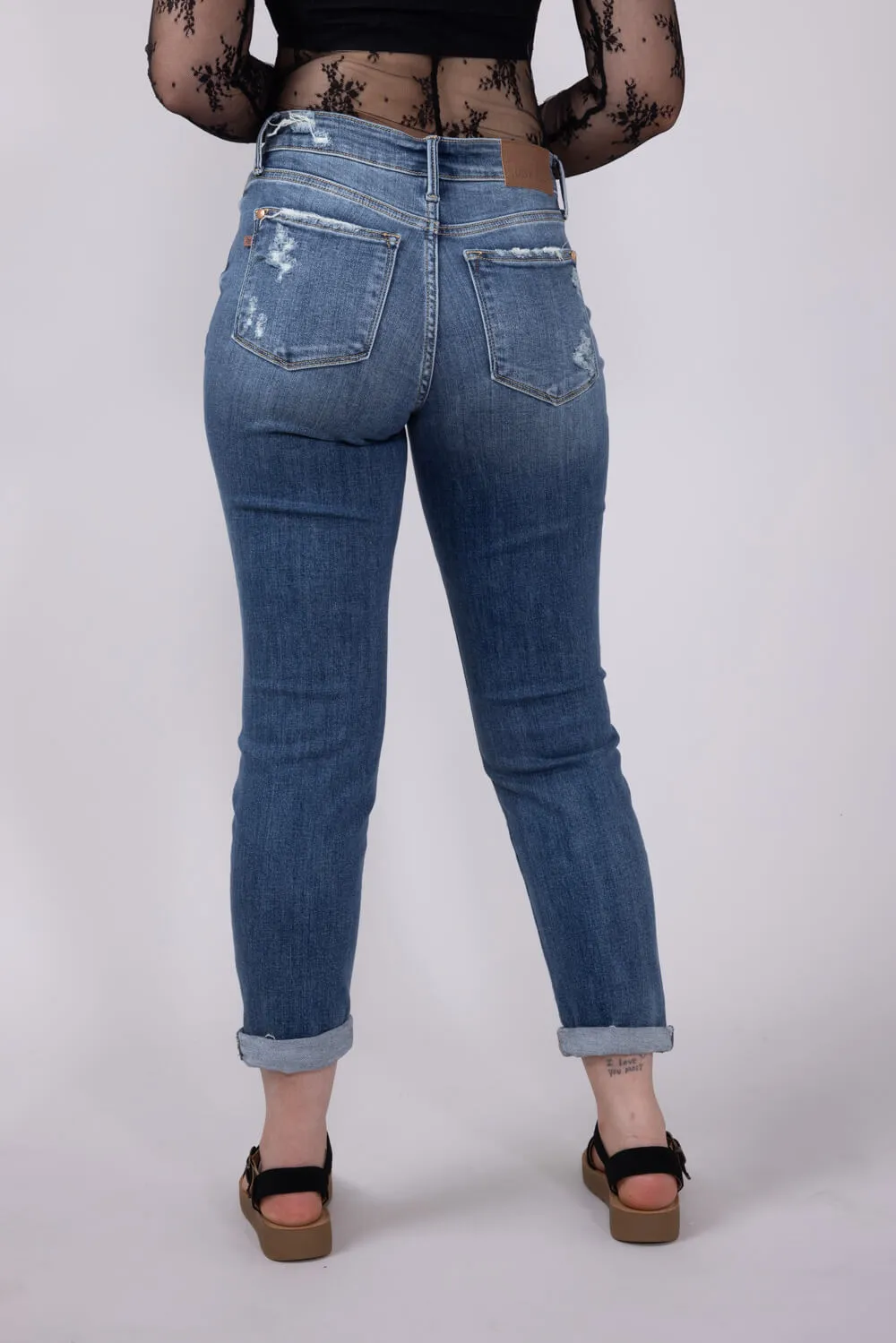 Judy Blue Mid Rise Distress Button Fly Boyfriend Jeans for Women | 82664REG sold by Glik’s product image thumbnail 2