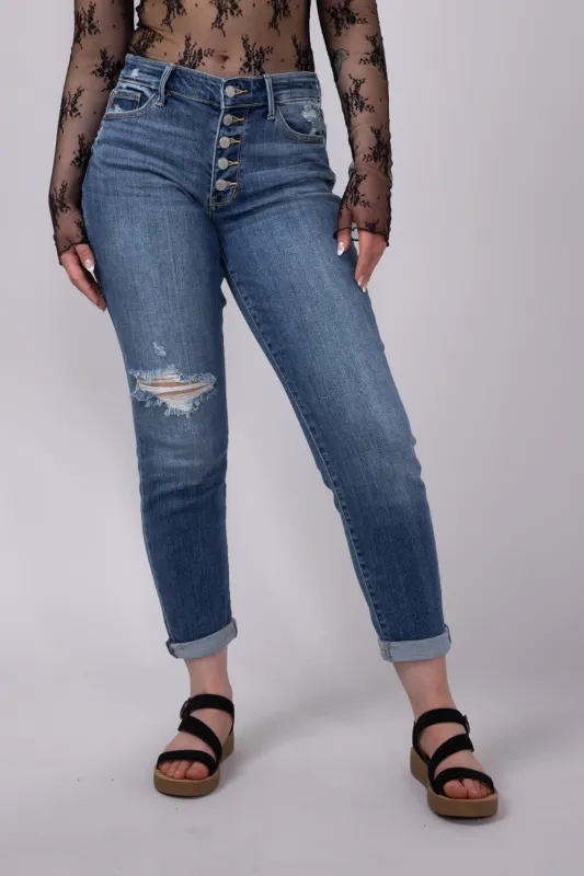 Judy Blue Mid Rise Distress Button Fly Boyfriend Jeans for Women | 82664REG sold by Glik’s