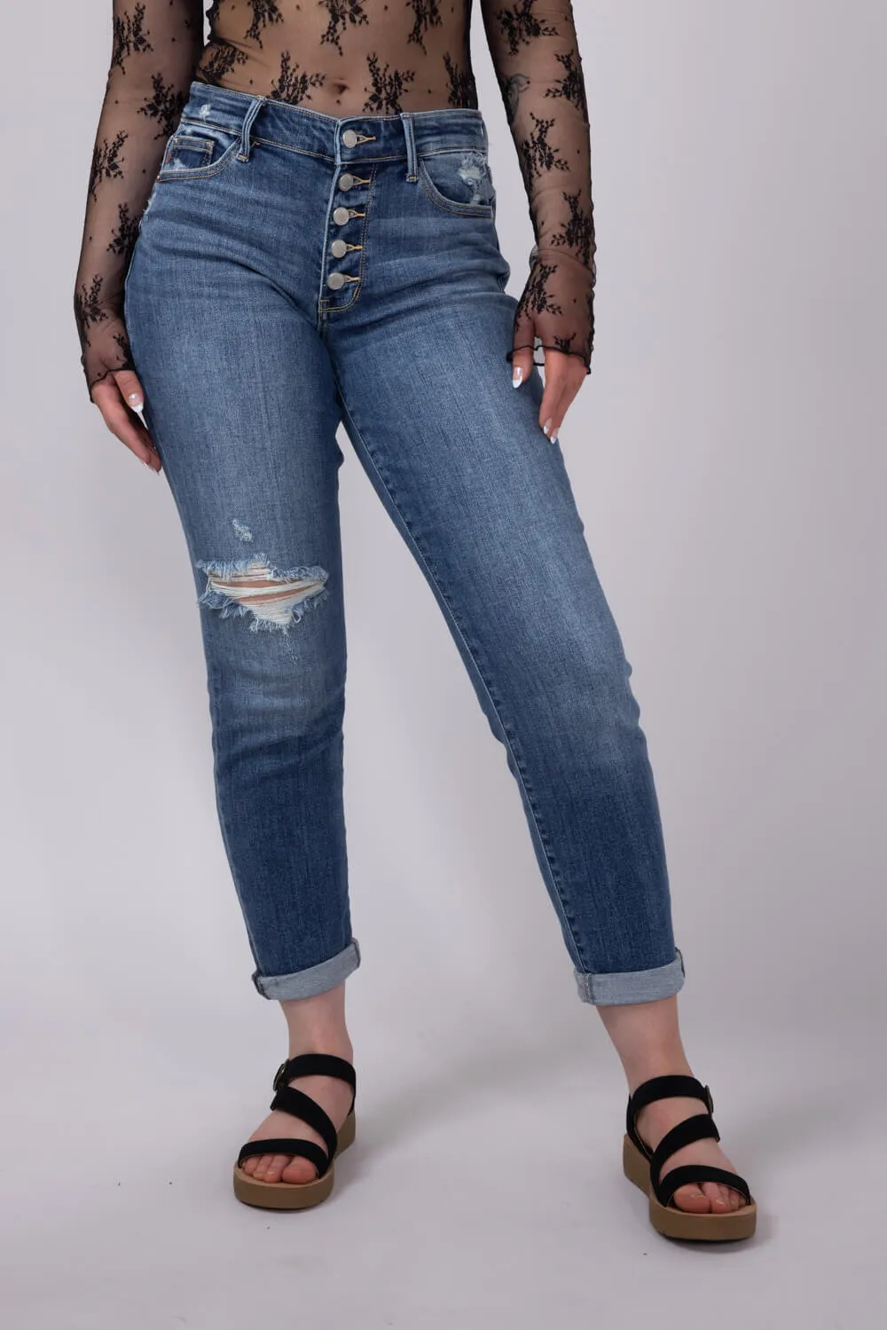 Judy Blue Mid Rise Distress Button Fly Boyfriend Jeans for Women | 82664REG sold by Glik’s