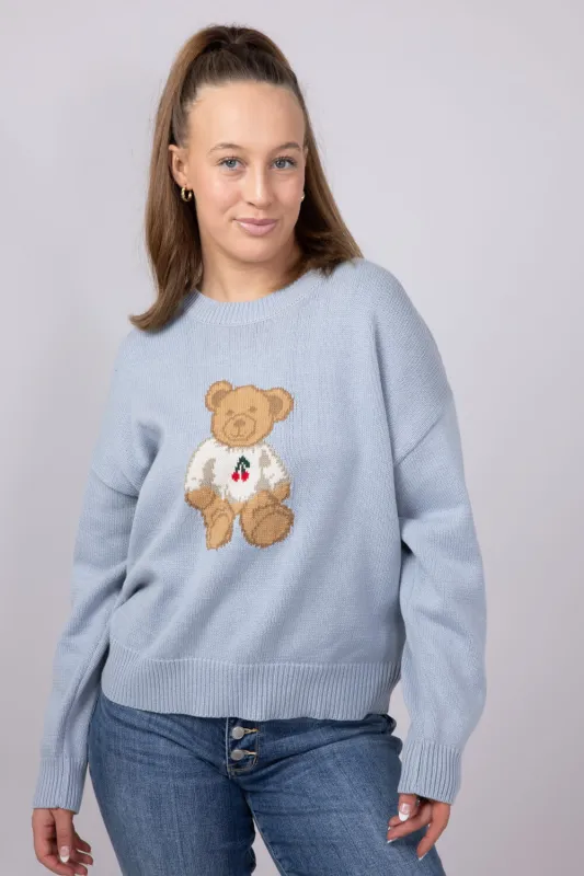 Bear Cherry Crewneck Sweater for Women in Light Blue | IWT5160-1-LTBLUE sold by Glik’s