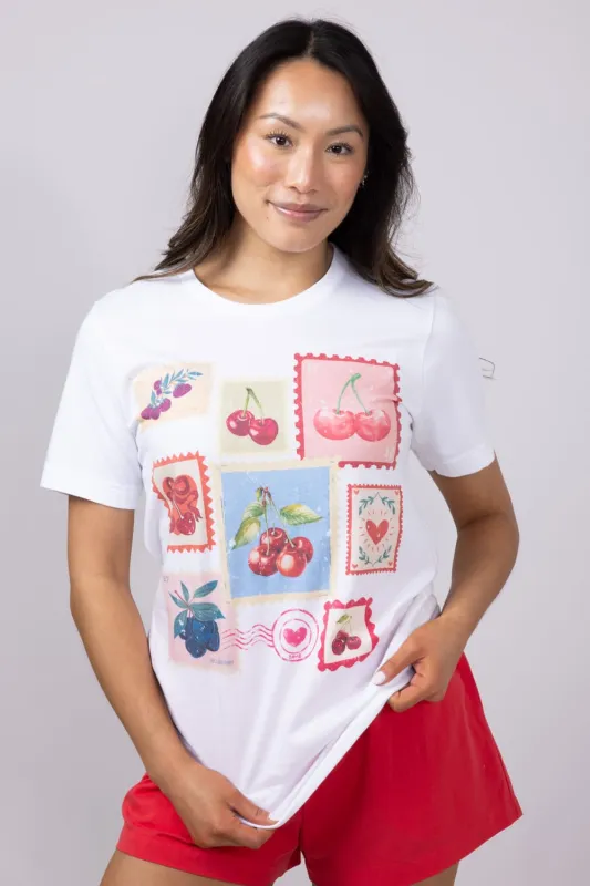 Cherry Stamps Graphic T-Shirt for Women in White | 71124X-TS-WHITE sold by Glik’s