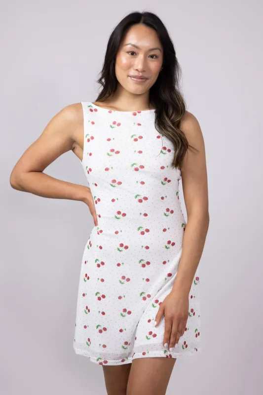 Cherry Open Back Mini Dress for Women in White | BD25859-IVORY sold by Glik’s