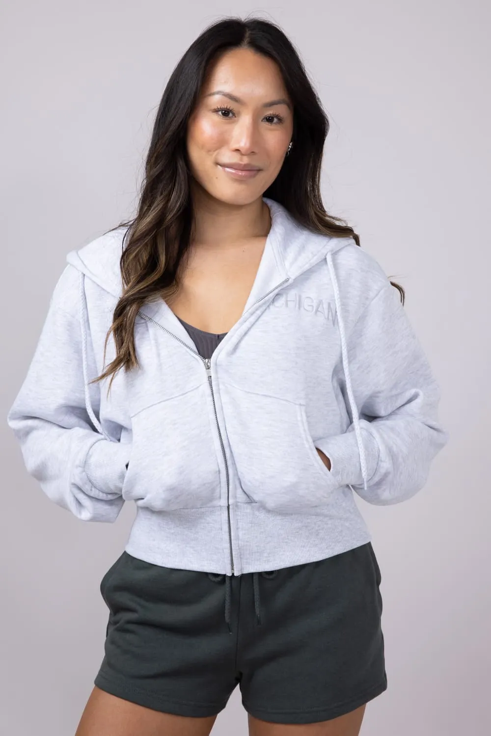 1897 Active Michigan Embroidered Full Zip Hoodie for Women in Grey | GK082-MI-ICEGREY sold by Glik’s