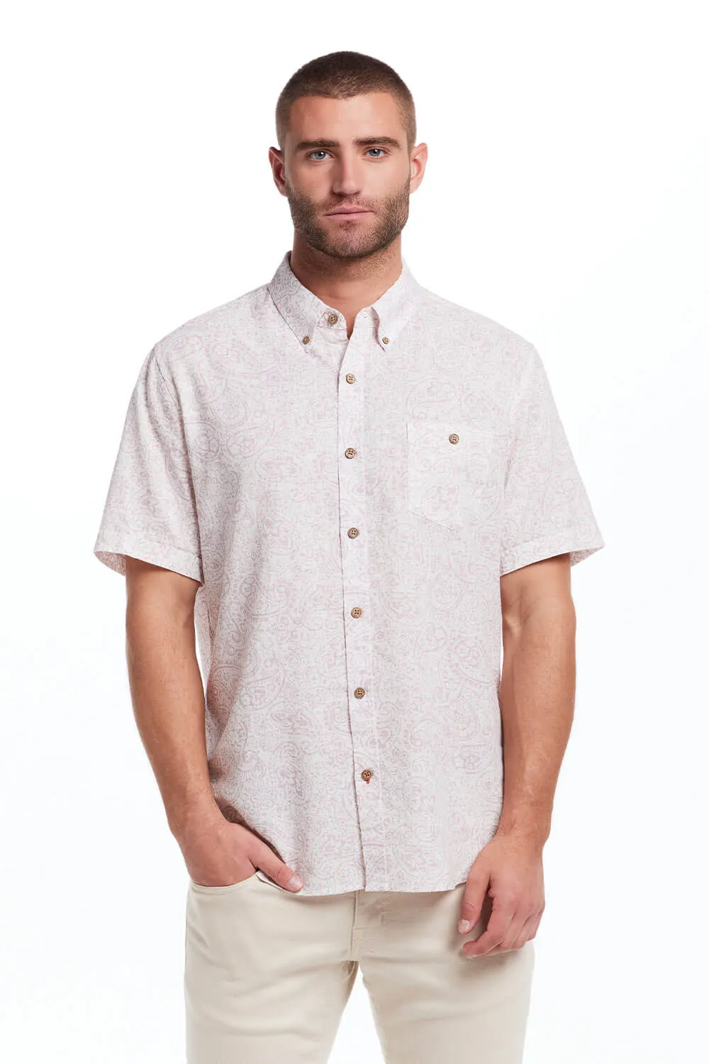 Weatherproof Vintage Cotton Linen Paisley Button Up Shirt for Men in Lilac | S2584299GK-LILAC sold by Glik’s product image thumbnail 2