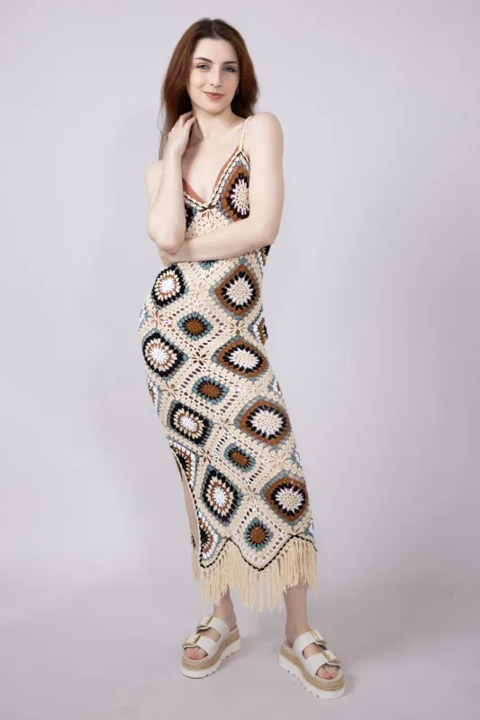 Elan Crochet Fringe Hem Maxi Dress for Women in Natural | CA5915-NAT sold by Glik’s