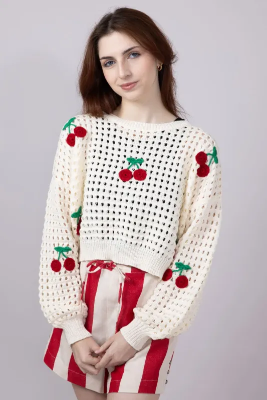 Mesh Cherry Sweater for Women in Ivory | STA3112-B-IVORY sold by Glik’s