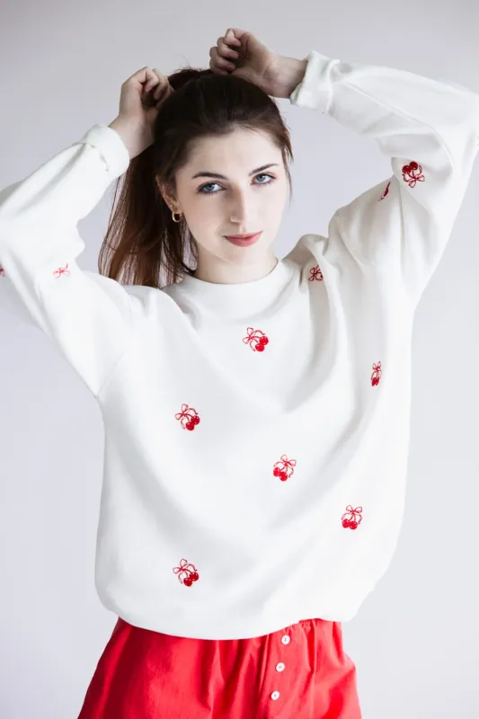 1897 Active Embroidered Cherries And Bows Fleece Sweatshirt for Women in Ivory | GT872-IVORY sold by Glik’s