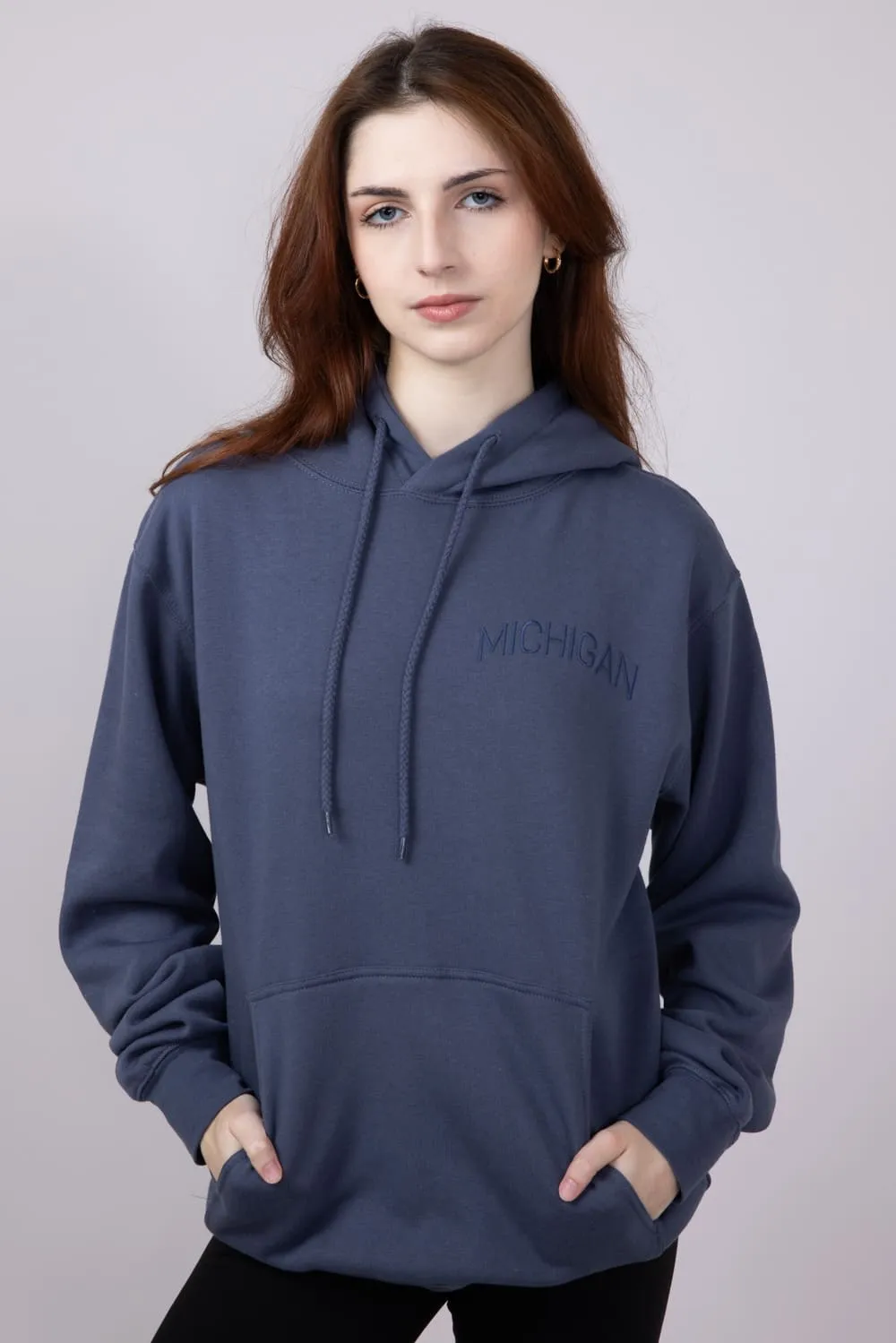 1897 Active Michigan Embroidered Hoodie for Women in Blue | JT082-MI-DENIMBLUE sold by Glik’s