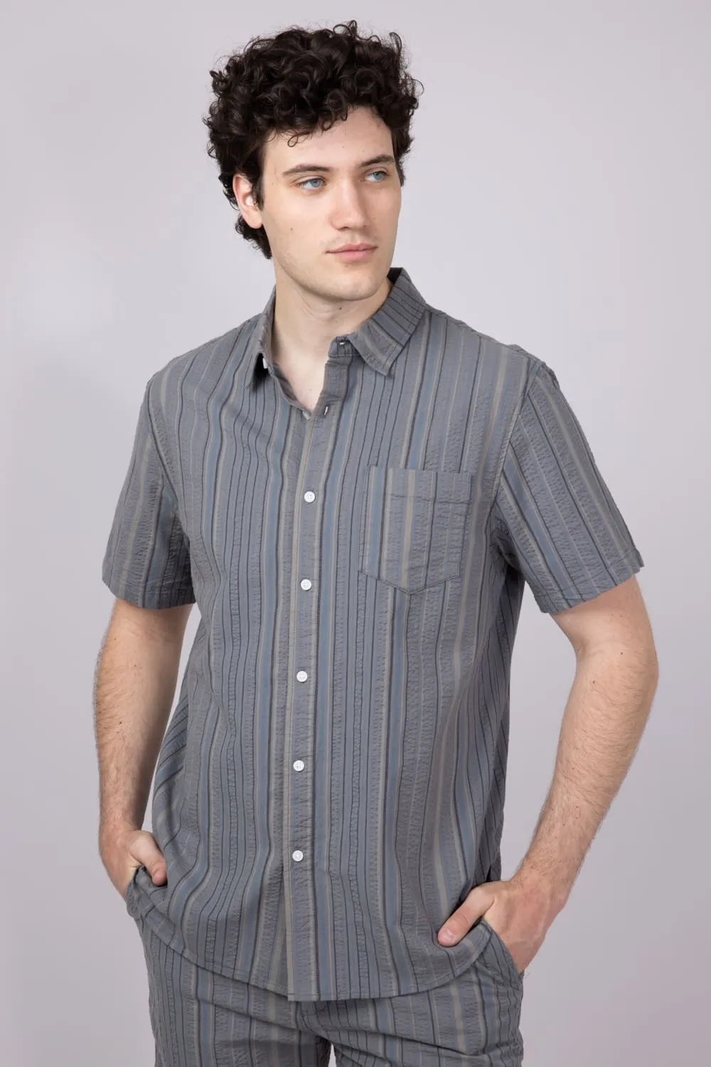 Union Valencia Seersucker Button Up Shirt for Men in Grey | H13A62T-GREYGOOSE sold by Glik’s product image thumbnail 3