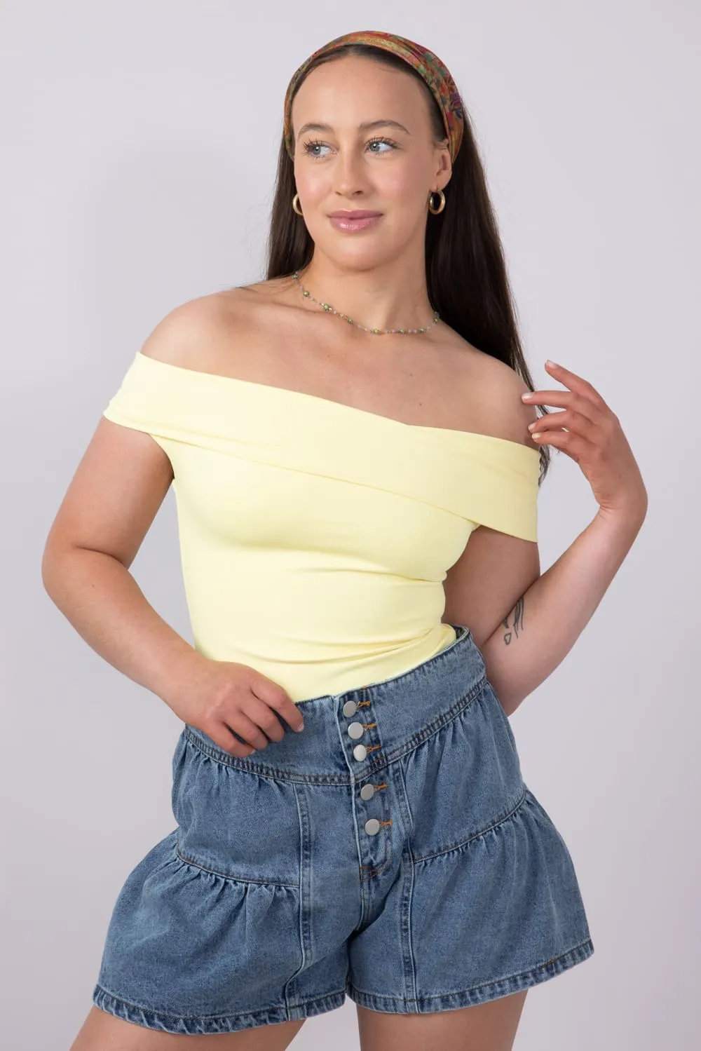 Fold Over Off The Shoulder Top for Women in Lemon | T8838-LEMON sold by Glik’s product image thumbnail 3