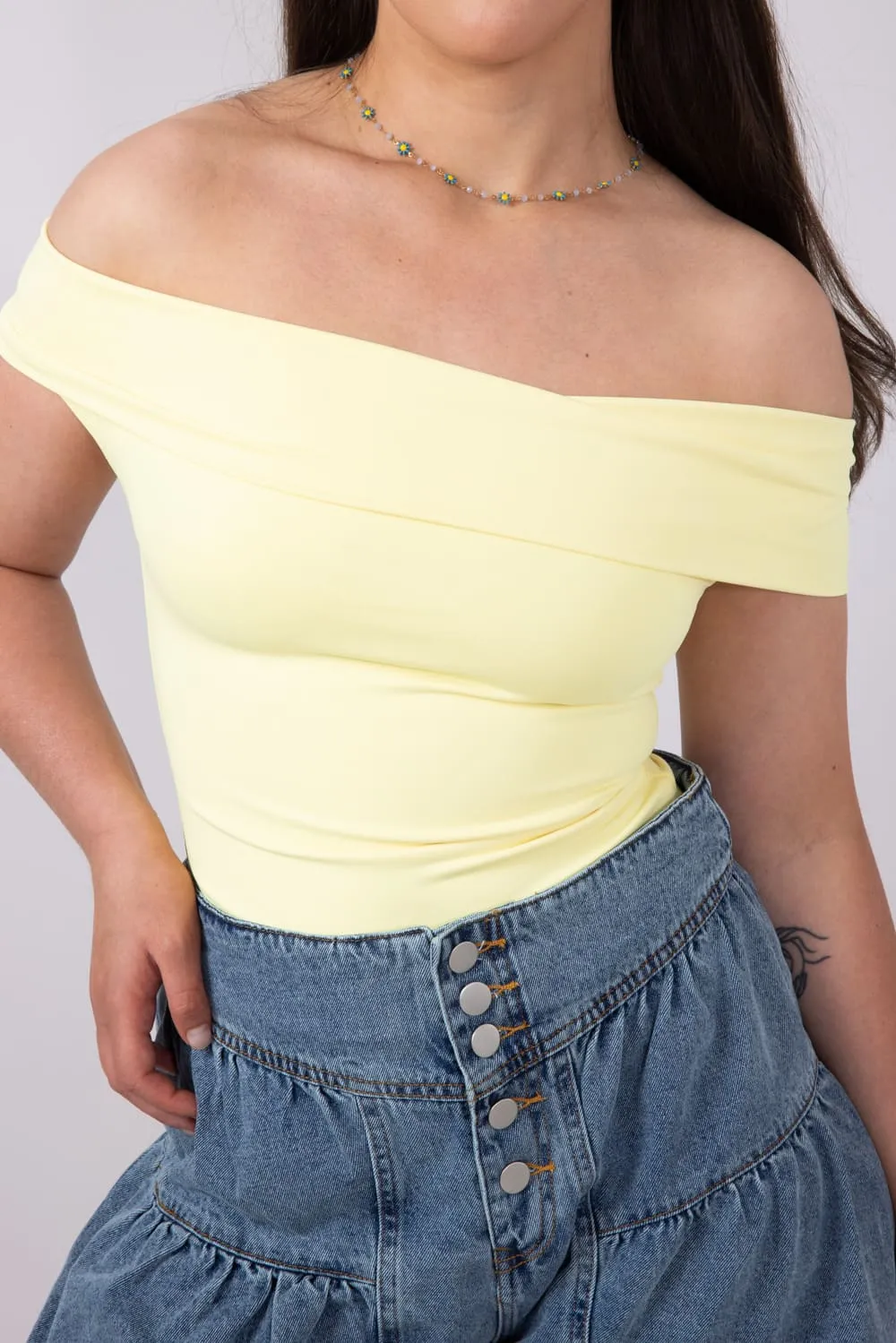 Fold Over Off The Shoulder Top for Women in Lemon | T8838-LEMON sold by Glik’s product image thumbnail 2