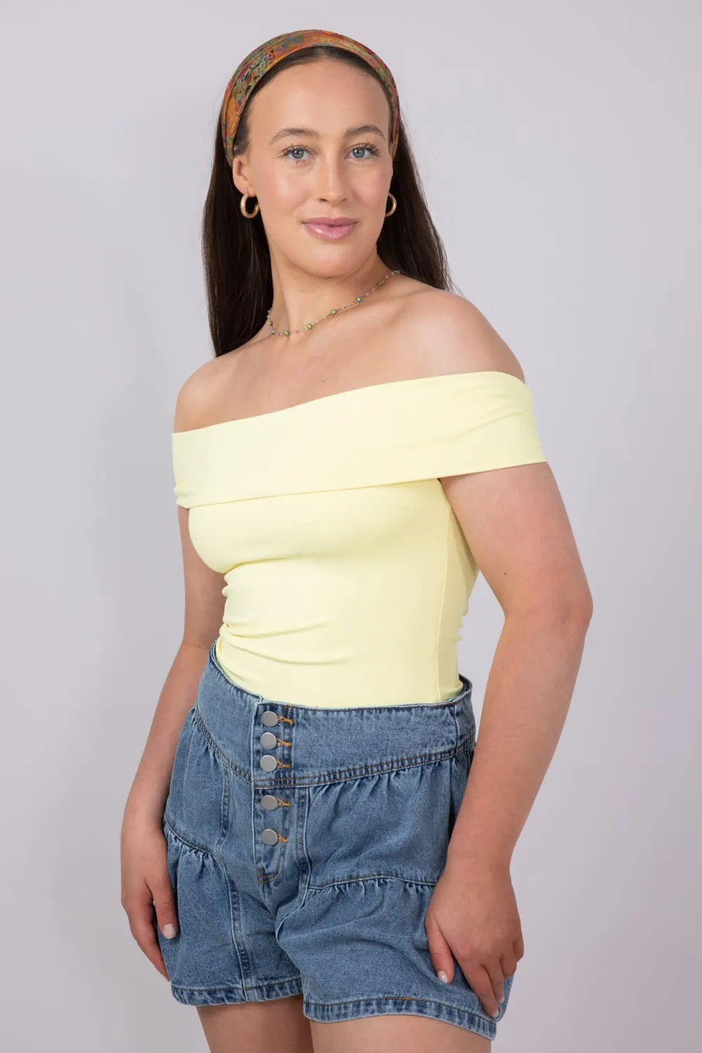Fold Over Off The Shoulder Top for Women in Lemon | T8838-LEMON sold by Glik’s product image thumbnail 4