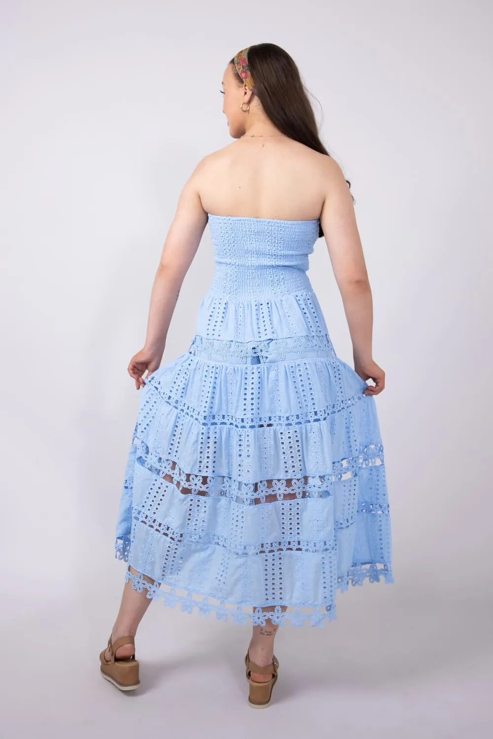 Eyelet Lace Strapless Midi Dress for Women in Chambray Blue | D-2192-H-CHM sold by Glik’s product image thumbnail 5