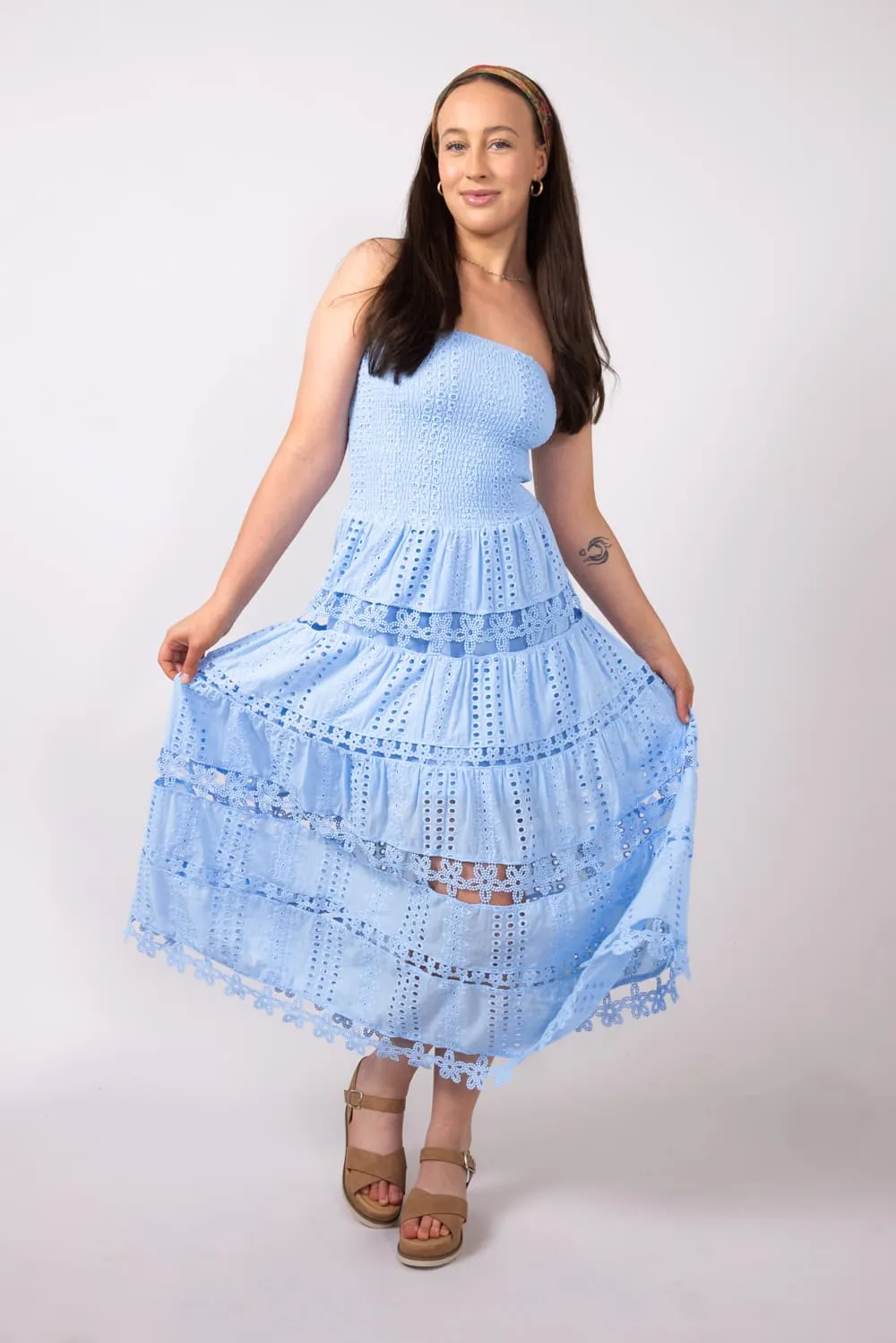 Eyelet Lace Strapless Midi Dress for Women in Chambray Blue | D-2192-H-CHM sold by Glik’s