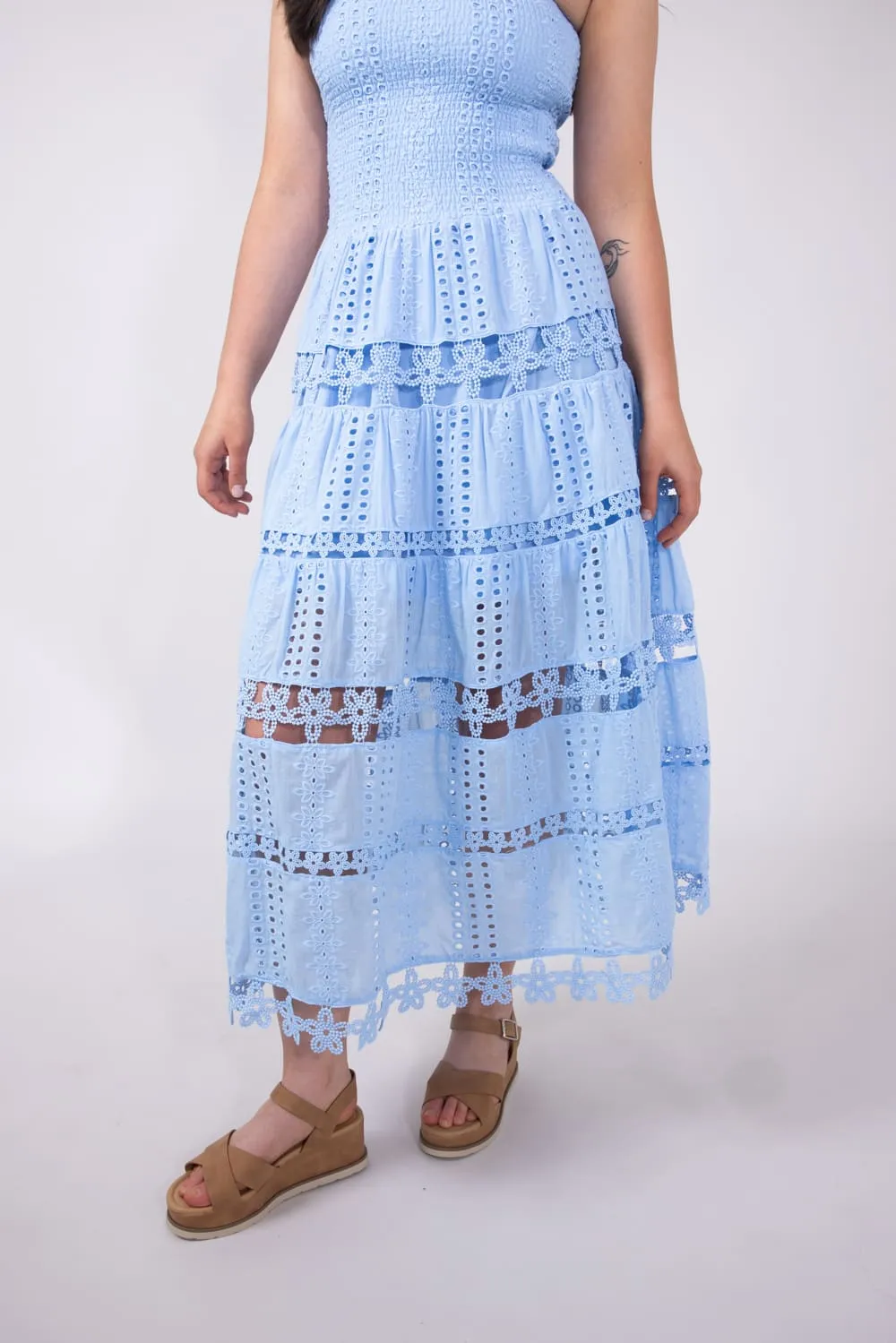 Eyelet Lace Strapless Midi Dress for Women in Chambray Blue | D-2192-H-CHM sold by Glik’s product image thumbnail 4