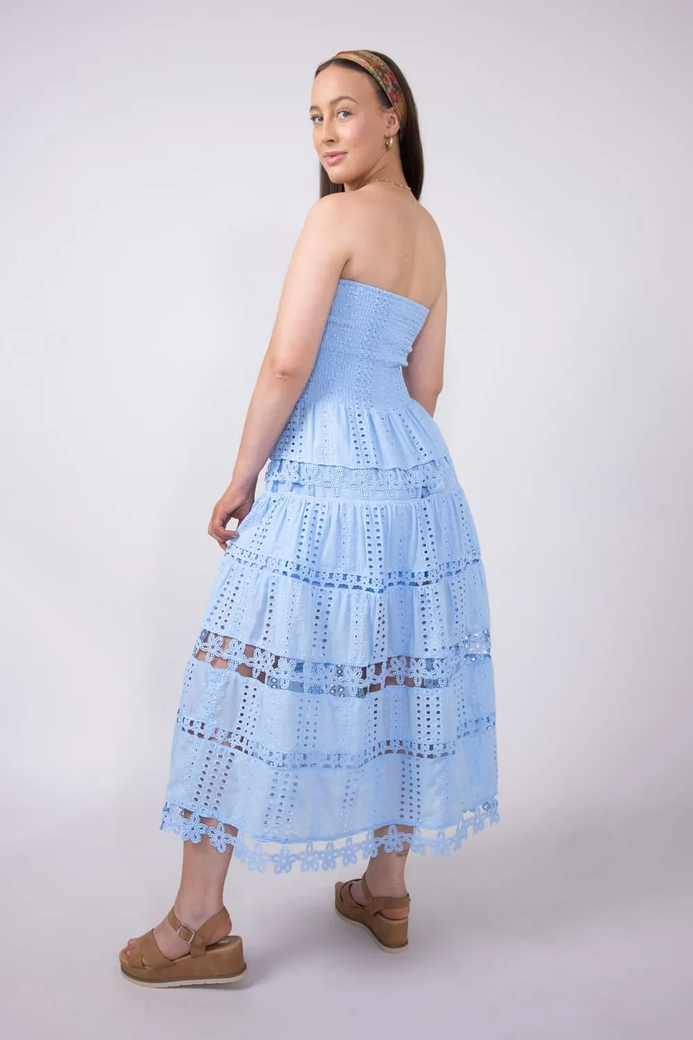 Eyelet Lace Strapless Midi Dress for Women in Chambray Blue | D-2192-H-CHM sold by Glik’s product image thumbnail 2