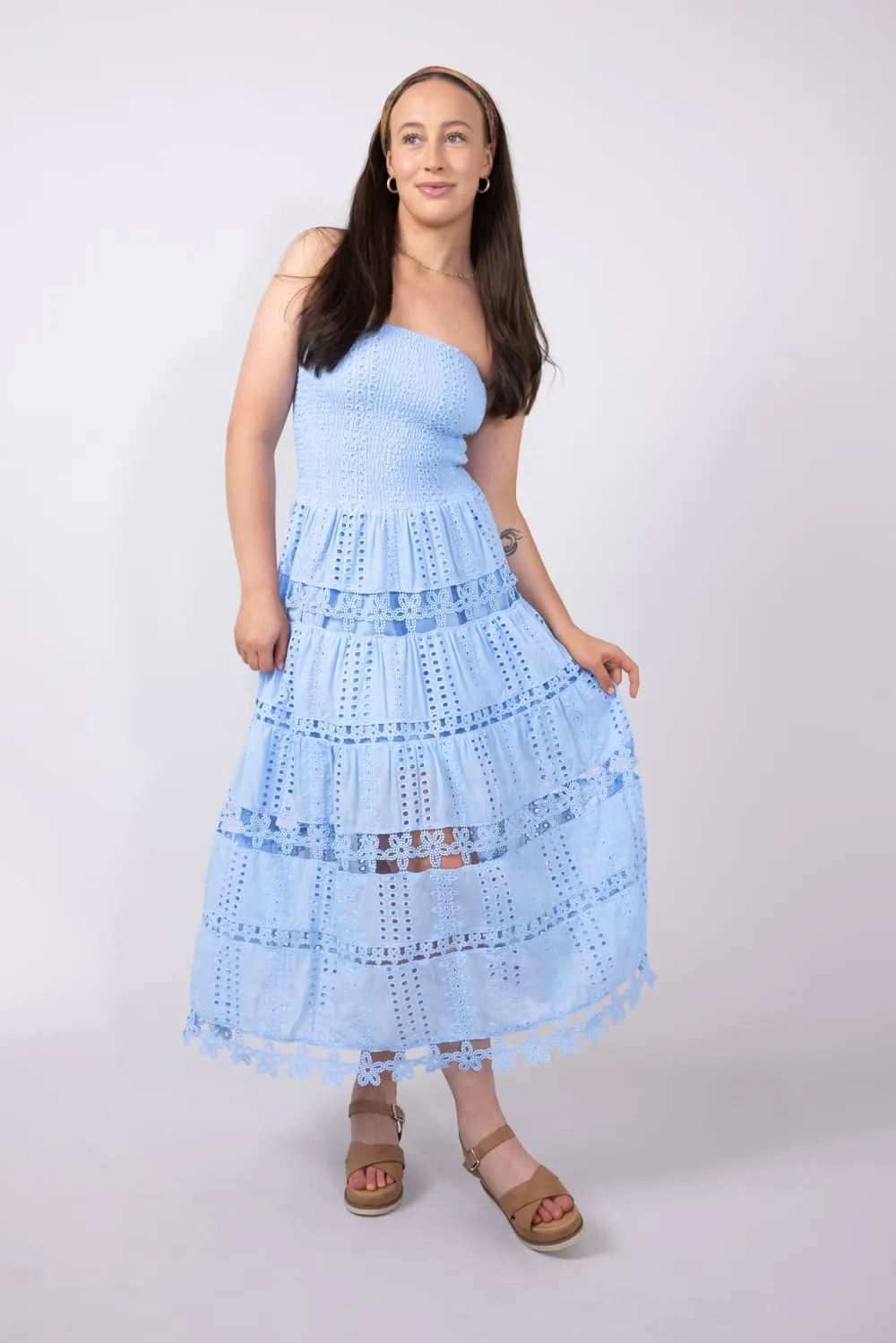 Eyelet Lace Strapless Midi Dress for Women in Chambray Blue | D-2192-H-CHM sold by Glik’s product image thumbnail 3