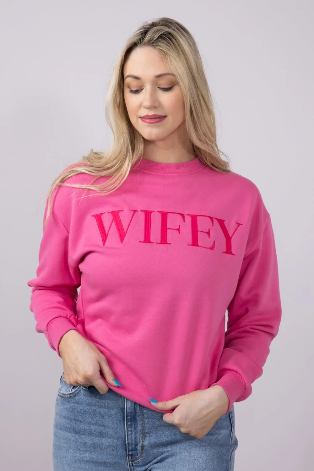 1897 Active Embroidered Wifey Sweatshirt for Women in Pink | XXXGT078-BUBBLEGUM sold by Glik’s