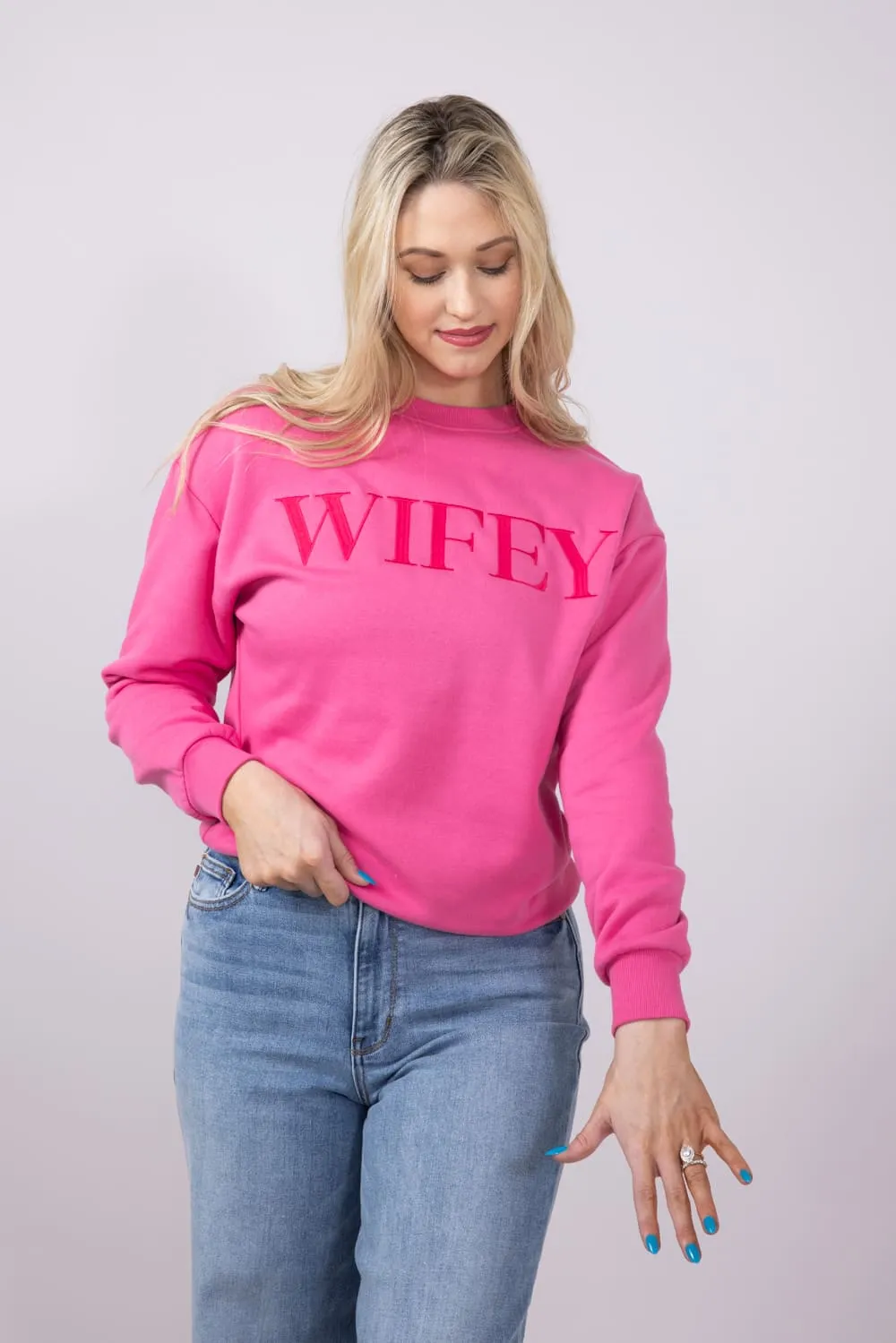 1897 Active Embroidered Wifey Sweatshirt for Women in Pink | XXXGT078-BUBBLEGUM sold by Glik’s product image thumbnail 2