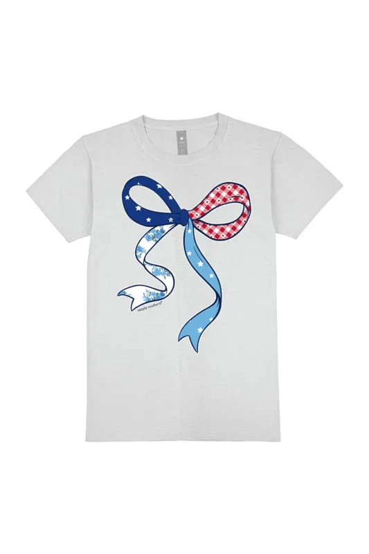 Simply Southern Plus Size Americana Patchwork Bow T-Shirt in Whitewater Grey | EXT-SS-PATCHBOW-WHITEWATER sold by Glik’s